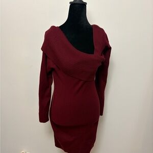 Ribbed Off-Shoulder Knit Dress in Berry